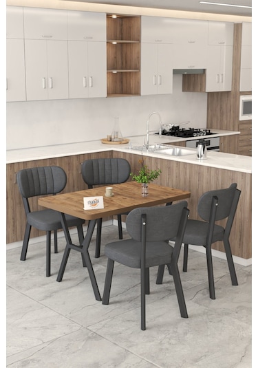 Gnr 70x110cm Sabit Atlantik Mutfak Masası Takımı, Yemek Masası, 4 Modern Antrasit Sandalye Antrasit