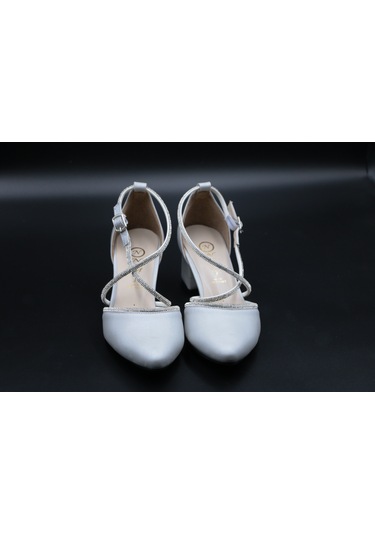 Ayakkabımood Saten Taşlı 5 Cm Kalın Topuk Topuklu Kadın Ayakkabı GÜMÜŞ