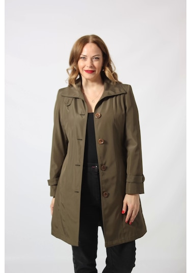 1671 Kolu Düğme Detaylı Uzun Kapişonlu Haki Büyük Beden Kadın Ceket Haki