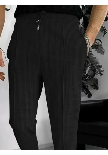 Erkek Yüksek Bel Önden Bağcıklı Cepli Waffle Pantolon Siyah