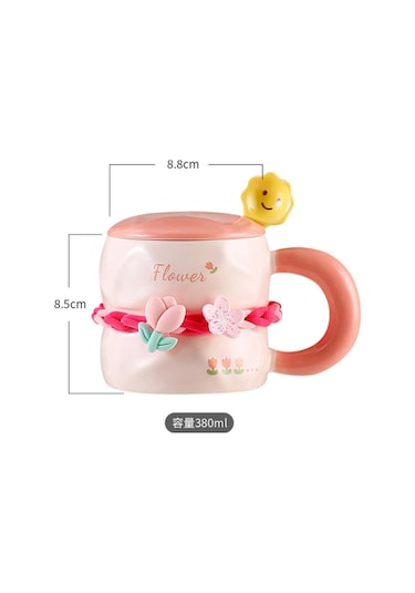 Tatlı Çiçekli Kahve Fincanı 380 Ml Kapaklı Ve Kaşıklı Seramik Kupa Pembe