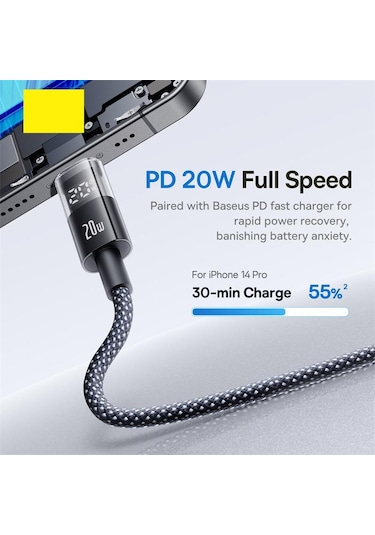 Baseus Display 20w Type-c - 8 Pin Hızlı Şarj Kablosu, Uzunluk:2m