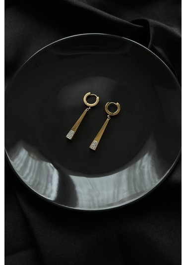 Allmisse Zirkon Taşlı Sallantılı Altın Kaplama Piramit Çelik Küpe - Altın