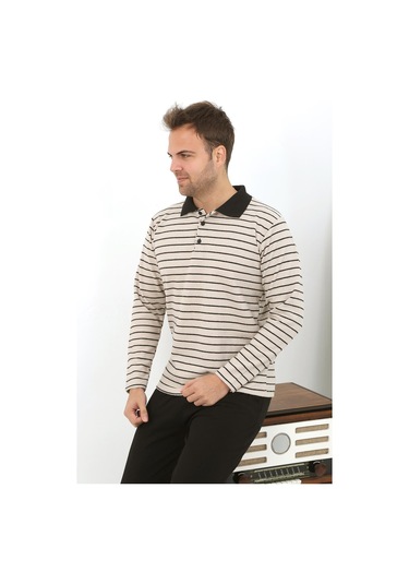 Akbeniz Erkek Polo Yaka Uzun Kol Penye Pijama Takımı 6862 Krem Krem