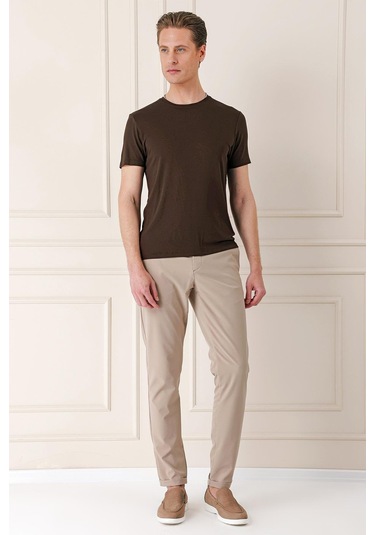 Slim Fit Bisiklet Yaka Düz Pamuklu Kahverengi Tişört Ts 823 Kahverengi