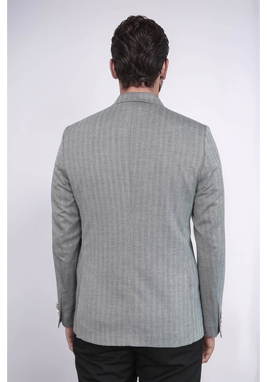 Siyah Balıksırtı Desenli Gold Renk Metal Düğmeli Slim Fit Erkek Blazer Ceket - Wessi Black