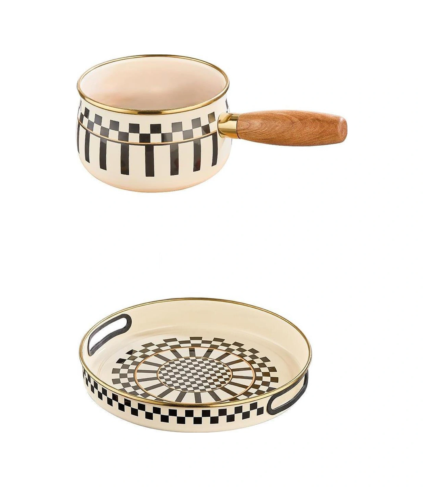 Prime Cream Emaye Ahşap Saplı Sosluk / Sütlük 14 Cm Ve Emaye Servis Tepsisi 28 Cm Krem