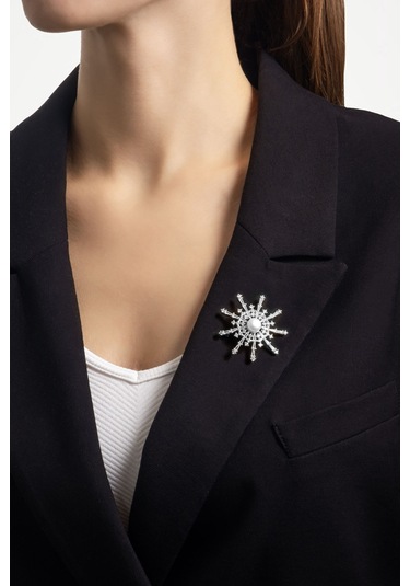 İnci Yıldızı 18 Ayar Beyaz Altın Kaplama Gümüş Broş Beyaz