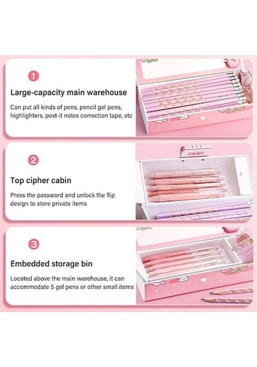 Mufunye Öğrenci Hediyesi: Çok Fonksiyonlu Kartoonlu Büyük Kapasiteli Kilitli Kalem Kutusu - Pembe Çok Renkli