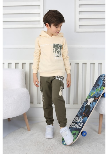 Moving Forward Kargo Cep Kapüşonlu 2 İplik Şardonlu Alt-üst Erkek Çocuk Eşofman Takımı Ekru