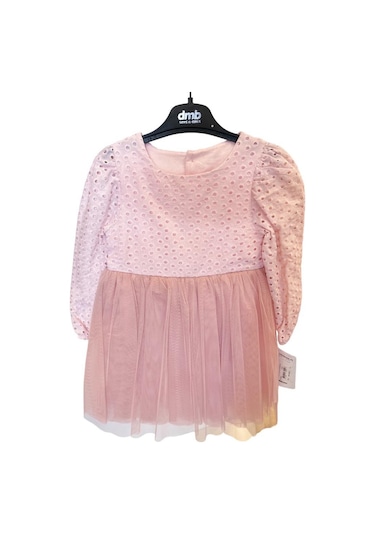 Kız Çocuk Altı Tüllü Üstü Güpürlü Elbise-12684-pudra Pudra