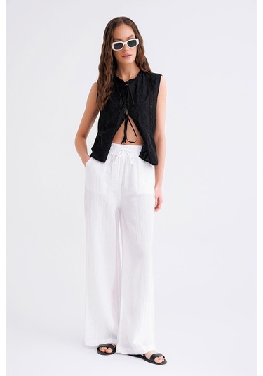 4286 Kadın Bol Paça Beli Lastikli Müslin Palazzo Pantolon Beyaz Beyaz