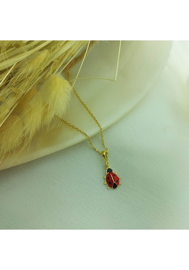 925 Ayar Gümüş Kırmızı Uğur Böceği Kolye Gold