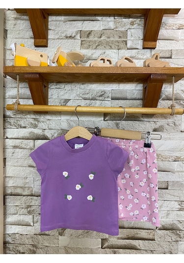 Aysbebe Çiçek Desenli Şortlu Yazlık Takım Mor