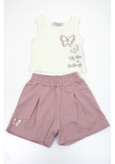 Kız Çocuk Kelebek Baskılı Crop Şortlu Takım Gül Kurusu