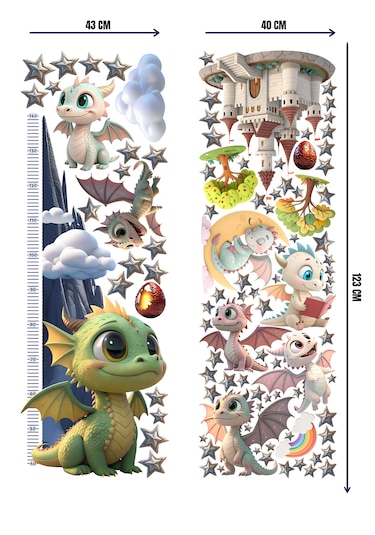 Bebek Ejderhalar Boy Ölçerli Duvar Sticker Seti - Mat, Sökülebilir, Çocuk Odası Dekoru 01