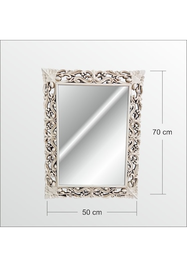 45X60Cm Eskitme Rustik İşlemeli Krem Boy Banyo Duvar Salon Aynası Krem