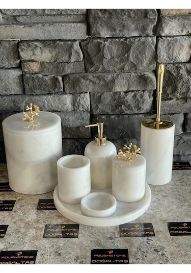 Beyaz Mermer Gold Mercan Aksesuarlı 7'li Banyo Seti Beyaz