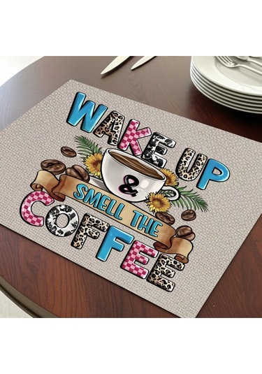 Wake Up Coffee Tasarımlı Amerikan Servis, Tabak Altlığı & Şık Masa Dekoru, Ev Hediyesi, 2 Adet Krem