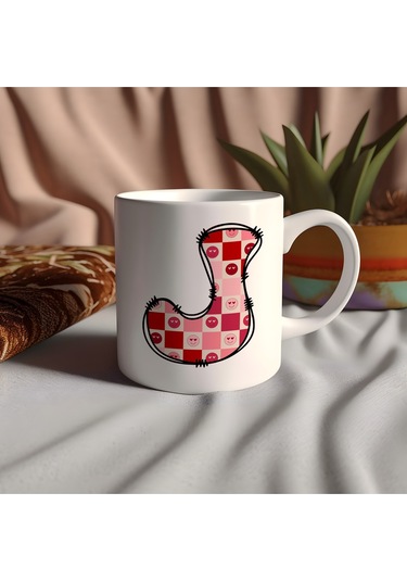 J Harfi Pembe Kareli Kalpli Göz Emojili Kupa Bardak Eğlenceli Kareli Tasarım Kahve Çay Kupası 07 Beyaz