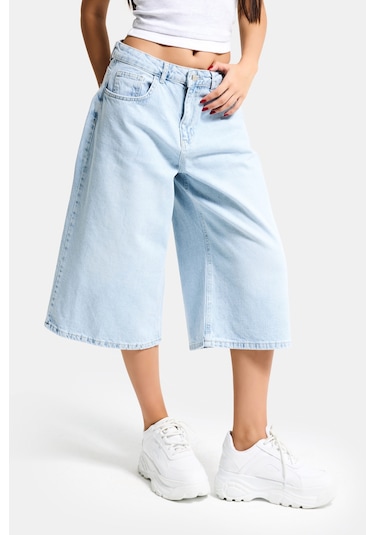 Itsbasic Kadın Ice 4s6-3 Süper Baggy Fit Maxi Boy Bermuda Denim Şort Ice Rengi