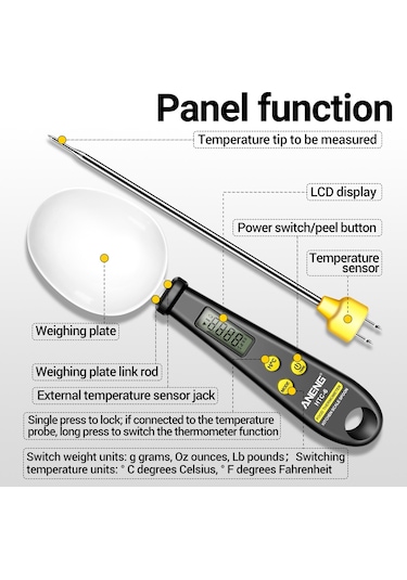 Aneng 2'si 1 Arada Abs + Paslanmaz Çelik Dijital Ekran Elektronik Mutfak Termometresi Gıda Ağırlığı Ölçme Kaşığı - Siyah