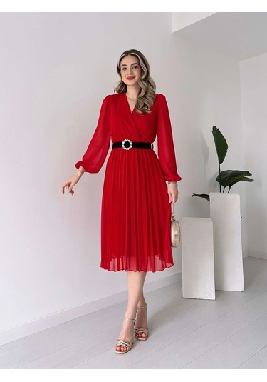 Tua Moda Kadın Şifon Kumaş Astalı Kloş Kesim Kruvaze Yaka Midi Boy Elbise Kırmızı