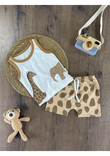 Animal Baskılı Şortlu Takım Kahve