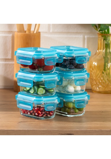 Porsima 4376 6lı Sızdırmaz Kilit Kapaklı Yiyecek Erzak Saklama Kabı Seti - Cam Saklama Kabı - 150ml Mavi Mavi
