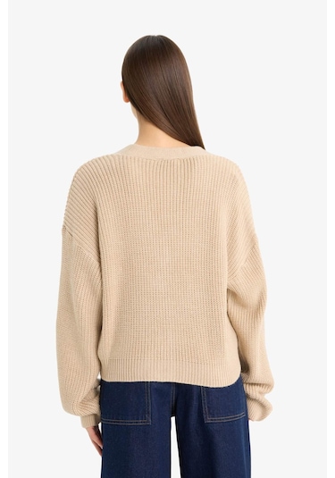 Defacto Regular Fit V Yaka Düğmeli Triko Hırka U2052az25wnbg646 Bej