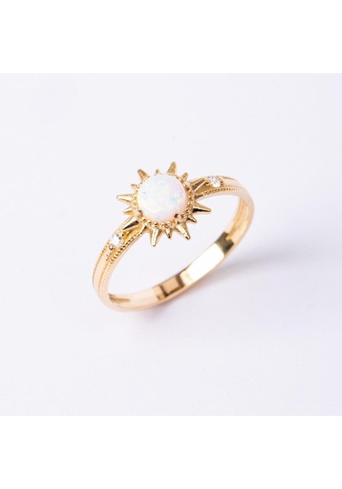 Gümüş Yüzük - Oval Kesim Opal Taşlı Güneş Tasarım 925 Ayar Gümüş Yüzük Sarı