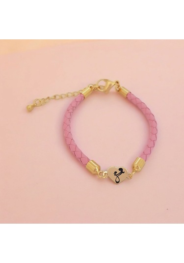 Archin Anne Sevgisi Temalı 14 Ayar Altın Plakalı Pembe Derili Kalp Figürlü Hediye Bileklik-473sembol Anne Sevgisi Temalı