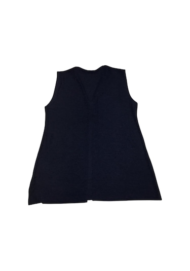 Kadın Önü Üç Düğmeli Jakarlı Cepli Kısa Yelek Lacivert