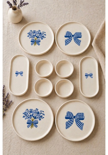 Blue Gift 10 Parça 4 Kişilik Stackable Kahvaltı Takımı & Lüx Kahvaltılık Sunum Seti Tabağı Beyaz