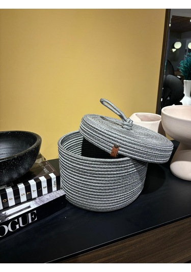 Walnut Kapaklı Jüt Sepet Gri