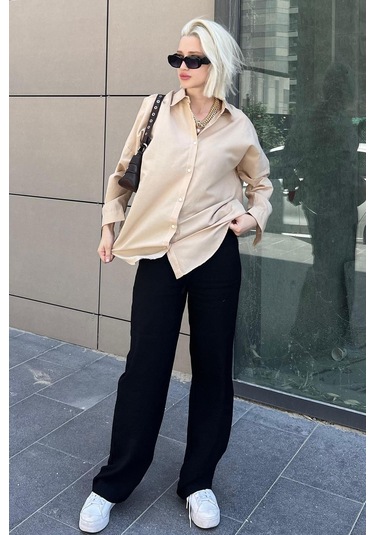 Madmext Mad Girls Bej Oversize Gömlek Mg1369-bej Bej