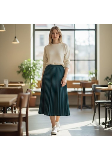 Eren Style Pileli Pamuklu Diyagona Beli Lastikli Etek 95 Cm - 38-50 Petrol Mavisi