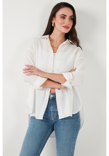 Lela Regular Fit Uzun Kollu Dokulu Bayan Gömlek 6772799 Beyaz