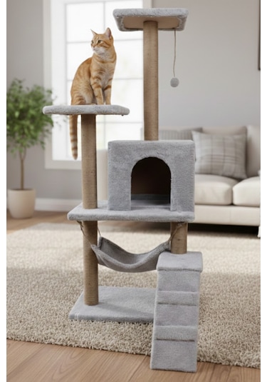Missidea B07 Hamaklı Yuvalı Lüx Kedi Tırmalama Oyun Evi Gri