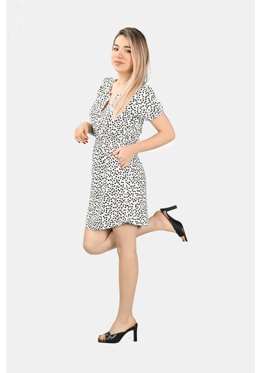 Puantiyeli Elbise Beyaz-Siya