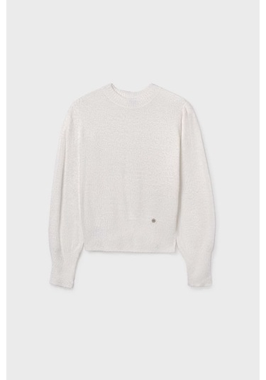 Kız Çocuk Balon Kol Yumuşak Dokulu Triko Kazak - Ekru Susam