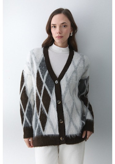 Koyu Kahverengi - Krem Baklava Desenli Hırka - 251090 Koyu Kahverengi