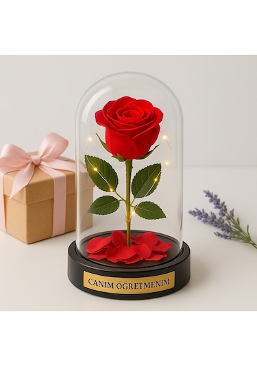 Sevgiliye Eşe Öğretmenler Gününe Anlam Katan Özel Fanusta Led Işıklı Canım Öğretmenim Hediye Biblosu Çok Renkli