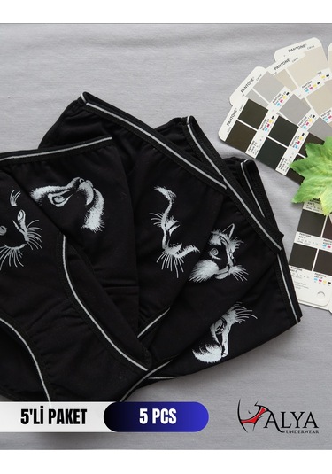 Alya Underwear Kız Çocuk Kalpli Dokuma Lastik Pamuklu Kumaş Slip Külot 5'li Paket 5 Adet Beyaz Siyah P13