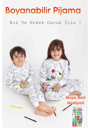 Boyanabilir Çocuk Pijama Takımı Kız Çocuk Pijama Erkek Çocuk Pijama Boya Beyaz