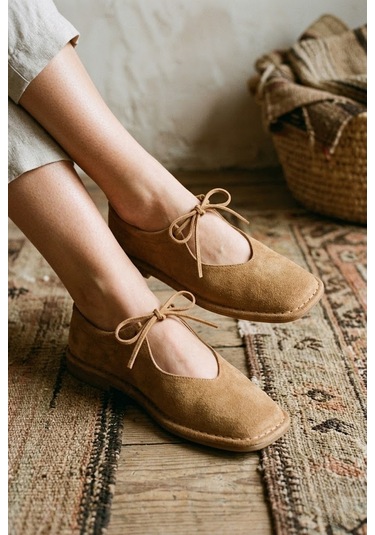 Shoetek Avany Kadın Babet Bağcıklı Taba Süet