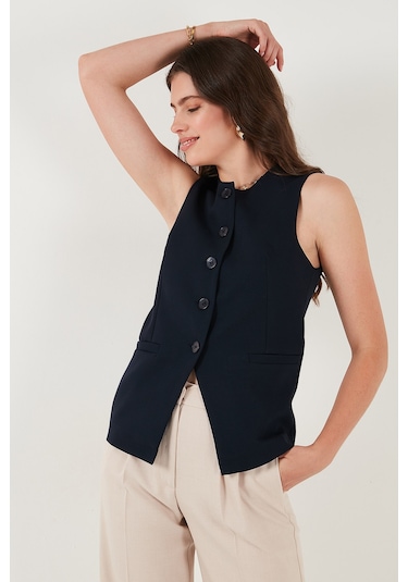 Lela Regular Fit Bisiklet Yaka Kolsuz Düğmeli Basic Bluz Bayan Yelek 65200004 Lacivert