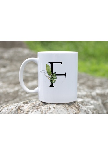 F Harf Zarif Yaprak Desenli Kupa Bardak - Naturel Sade Alfabe Harfli Bardak - Kişiye Özel Hediye Beyaz