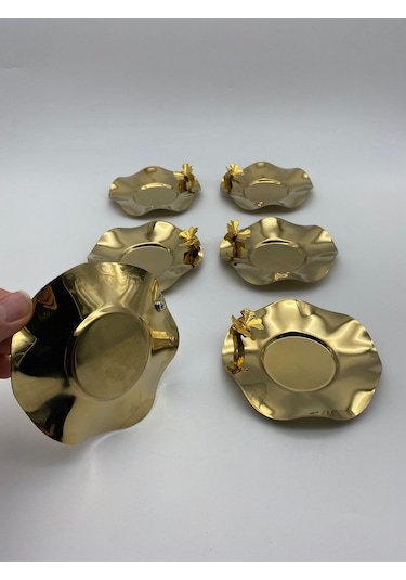 6'lı Kelebekli Gold Dalgalı Model Paslanmaz Çelik Çay Tabağı, Fincan Ve Kupa Altlığı Gold