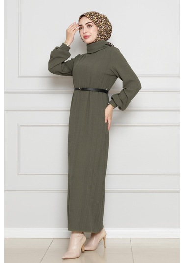 Balıkçı Yaka Kemerli Elbise-haki-4556 Haki